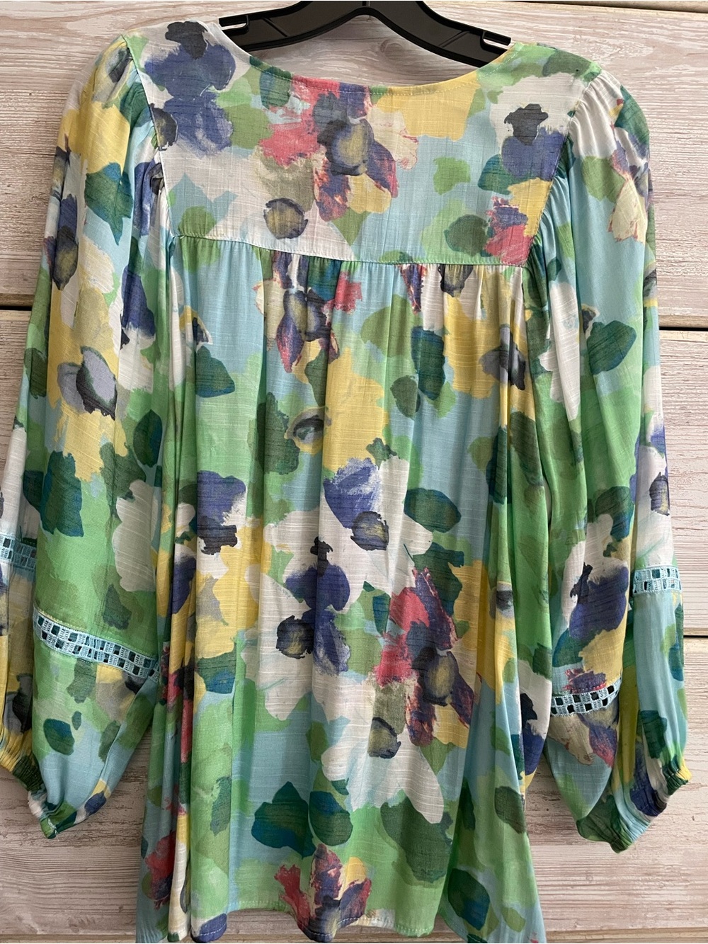 Hope & Harlow Watercolor Floral Peasant Top Size L Blue Green Boho Crochet Lace - Picture 6 of 13